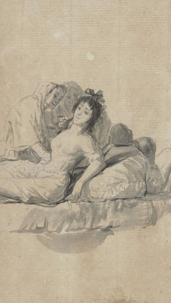 Two old women looking after a young girl lying down
